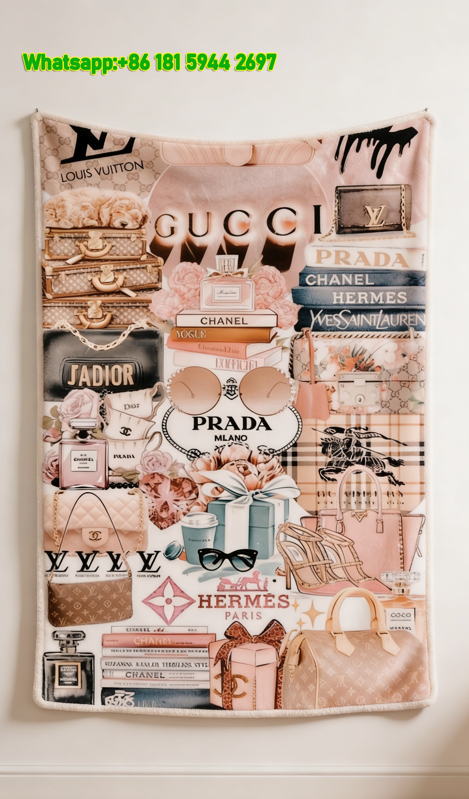 Hermes Pink Luxury Fashion Brand Collage Flannel Throw Blanket for Wall Decor & Sofa IMG_5428